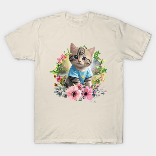 Nature, Cute Little Kitty With Beautiful Nature T-Shirt by AqlShop